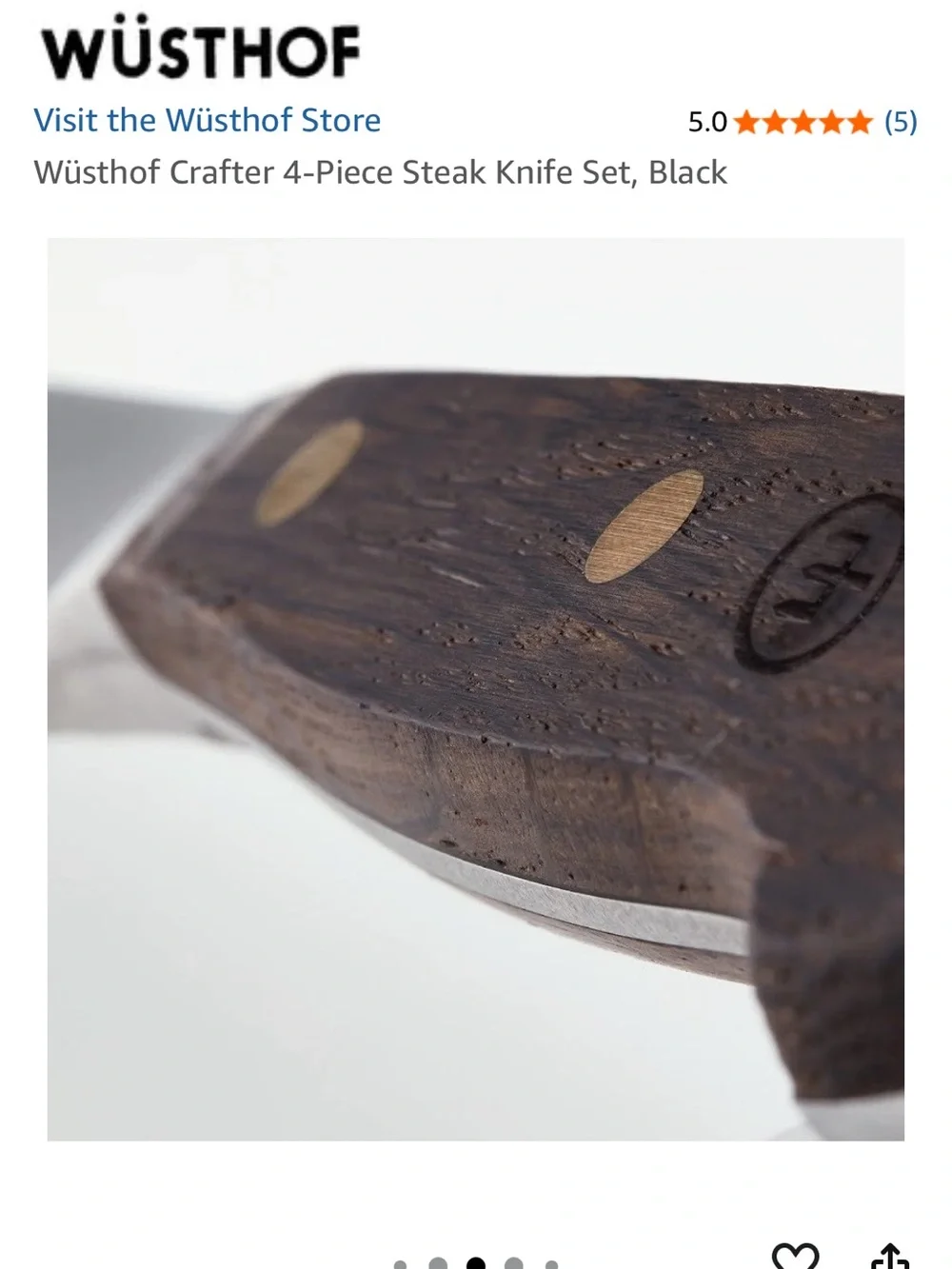 New Wüsthof Crafter 4 Piece Steak Knife Set with Oak Handles & Brass Rivets